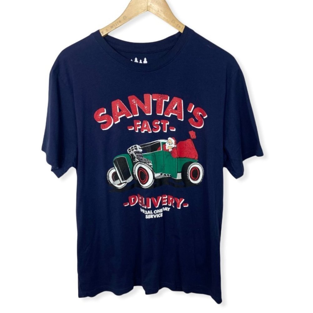Santa Christmas Blue Short Sleeve Tee Cotton Mens Size Large T-Shirt Novelty L